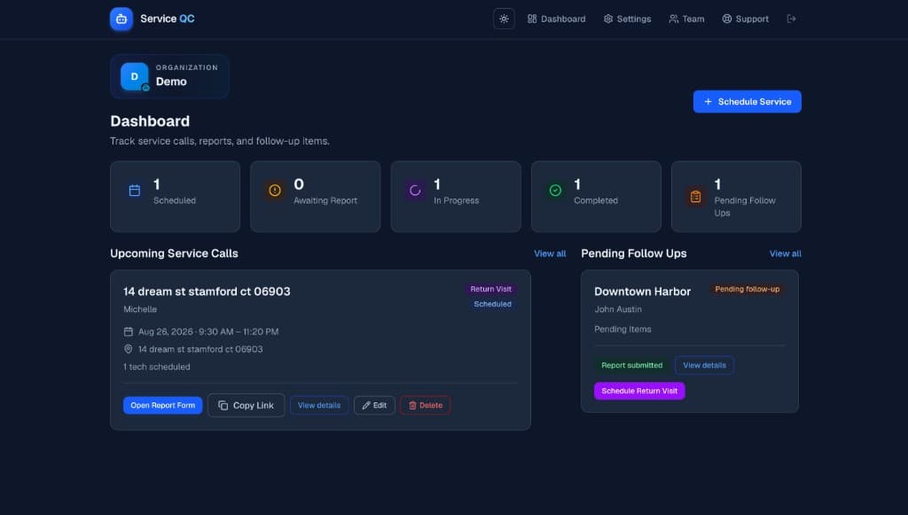 Service QC dashboard showing pending follow-ups and service call status